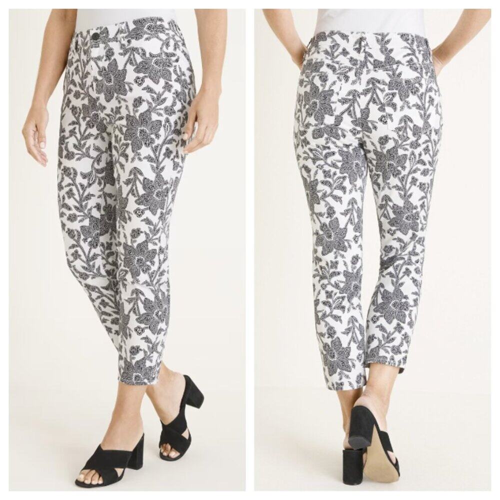 Chico's Women's Sateen Black And White Floral Crops Size 8